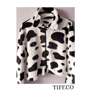 Cropped Collared Zip-Up Cow Pattern Sweater